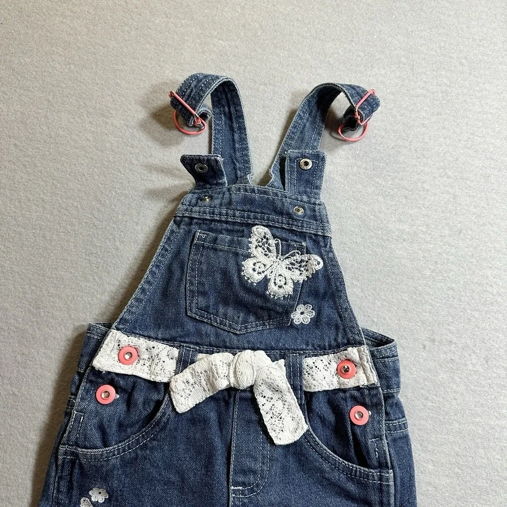 Baby Girl Denim Shortalls Size 2T Butterfly Lace Bow Embroidered Overalls